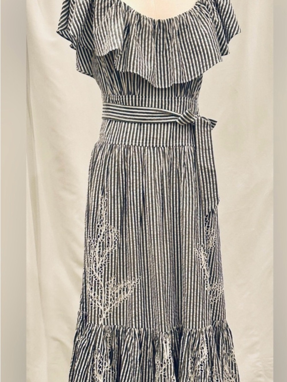 Tory Burch Striped Ruffle Midi Dress, embroidery on lower half, size 4